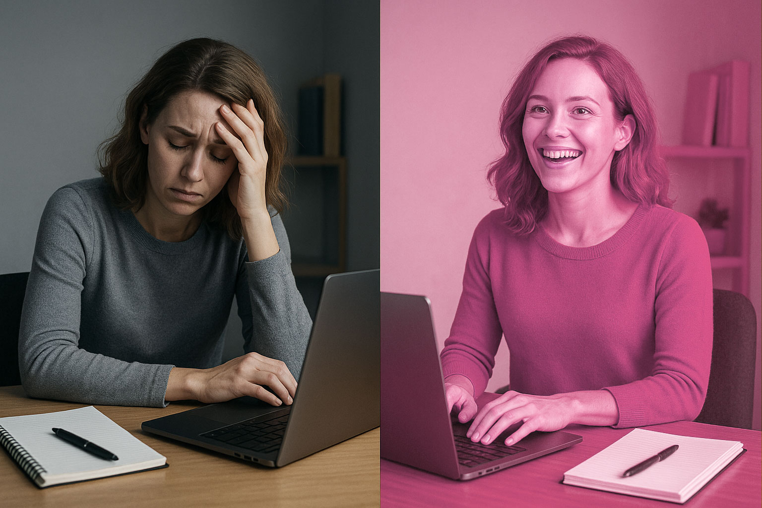 Doppelbild einer Frau: Links müde, erschöpft. Rechts voller Energie lächelnd