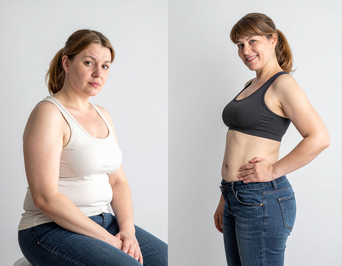 Geteiltes Bild derselben Frau: links erschöpft und traurig in grauem T-Shirt, rechts aufrecht und lächelnd in rotem T-Shirt, voller Energie.
