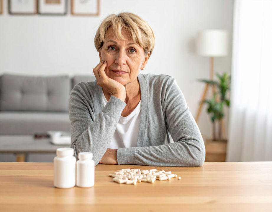 Frau mit ratlosem Gesichtsausdruck. Vor ihr auf dem Tisch liegen Nahrungsergänzungsmittel.