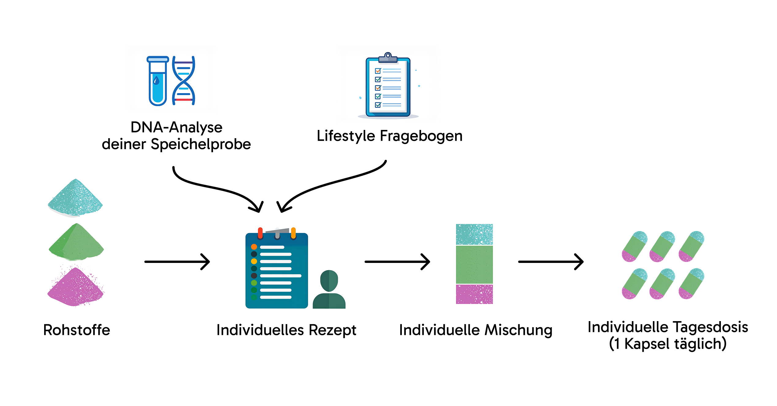 Infografik zum Ablauf: Rohstoffe sowie DNA-Analyse der Speichelprobe und Lifestyle-Fragebogen führen zu einem individuellen Rezept; daraus entstehen individuelle Mischung und eine individuelle Tagesdosis (1 Kapsel täglich).