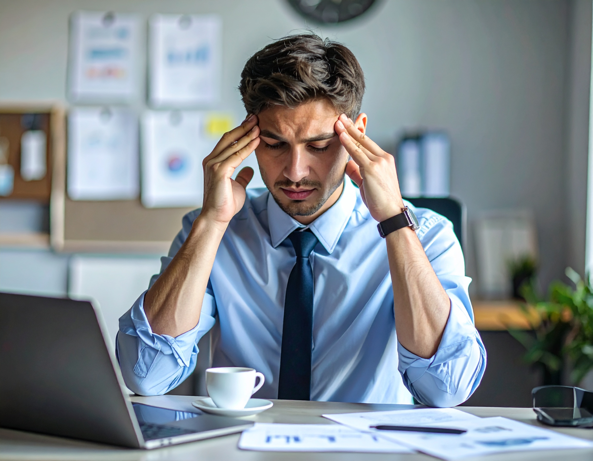Männliche Person, die offensichtlich gestresst und übermüdet durch Arbeit im Büro ist.