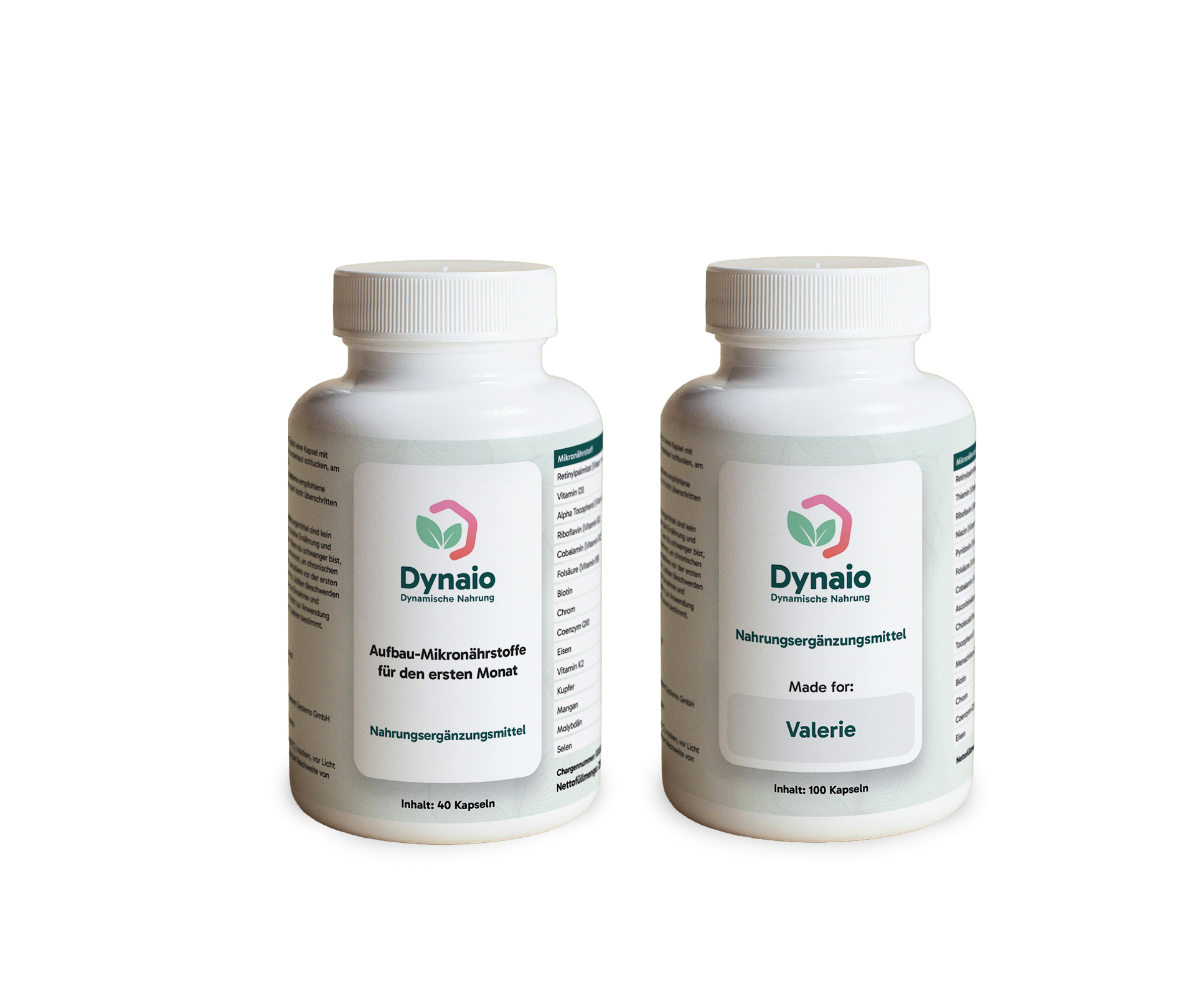 Zwei Dynaio-Nahrungsergänzungsmittel-Dosen: links ‚Aufbau-Mikronährstoffe für den ersten Monat‘ (40 Kapseln), rechts personalisiert ‚Made for: Valerie‘ (100 Kapseln).