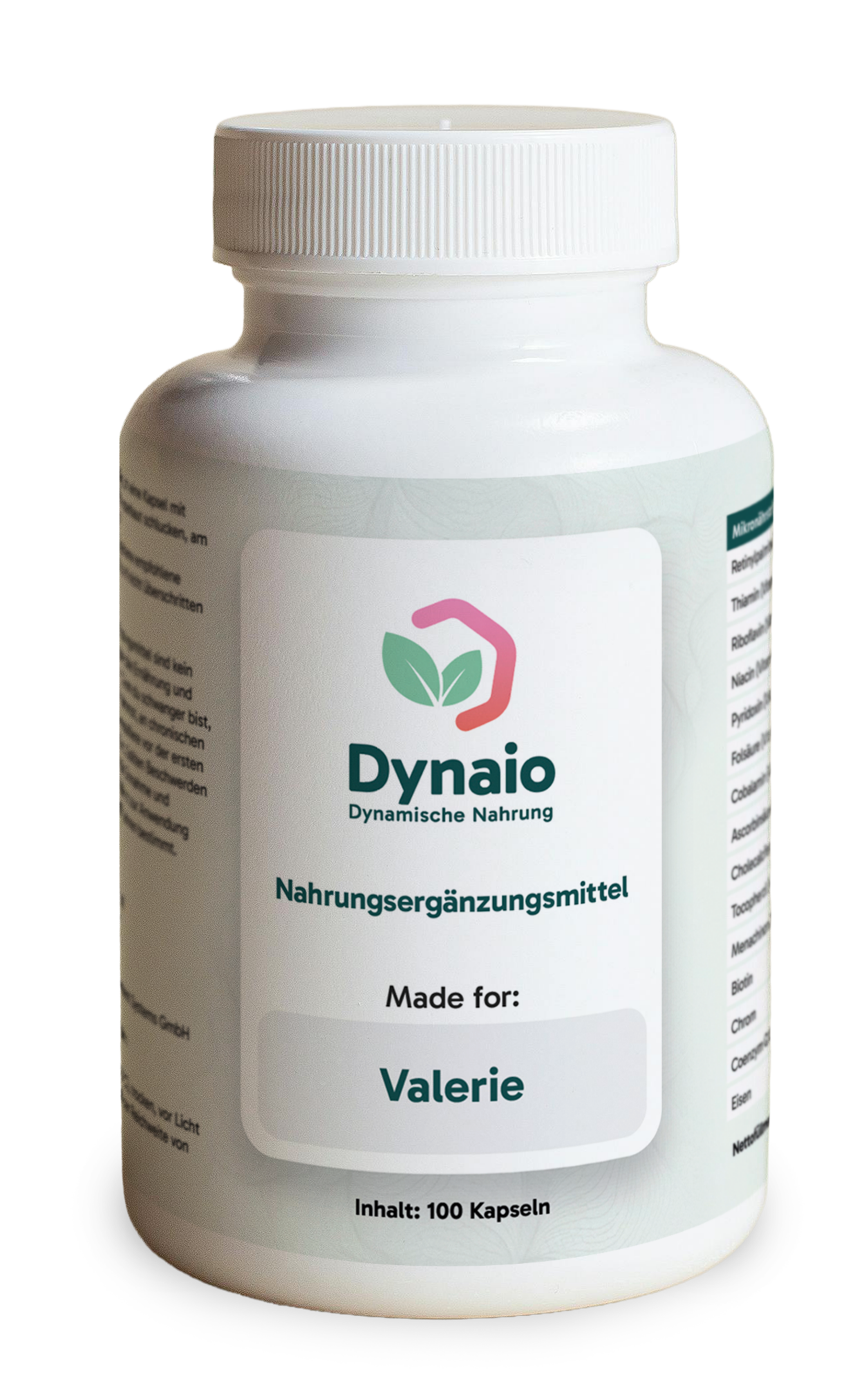 Dynaio-Nahrungsergänzungsmittel in weißer Dose, personalisiert mit ‚Made for: Valerie‘, Inhalt: 100 Kapseln.