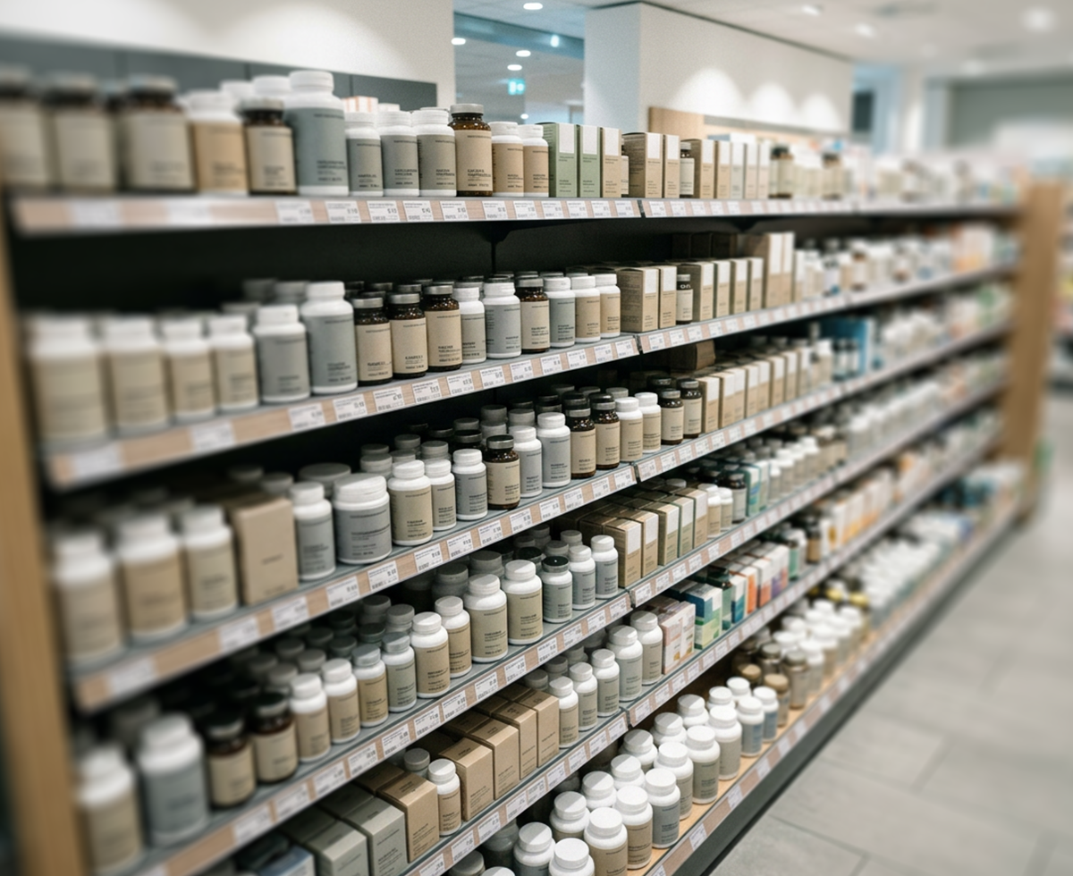 Regal mit unzähligen Produkten wie Nahrungsergäntungsmittel