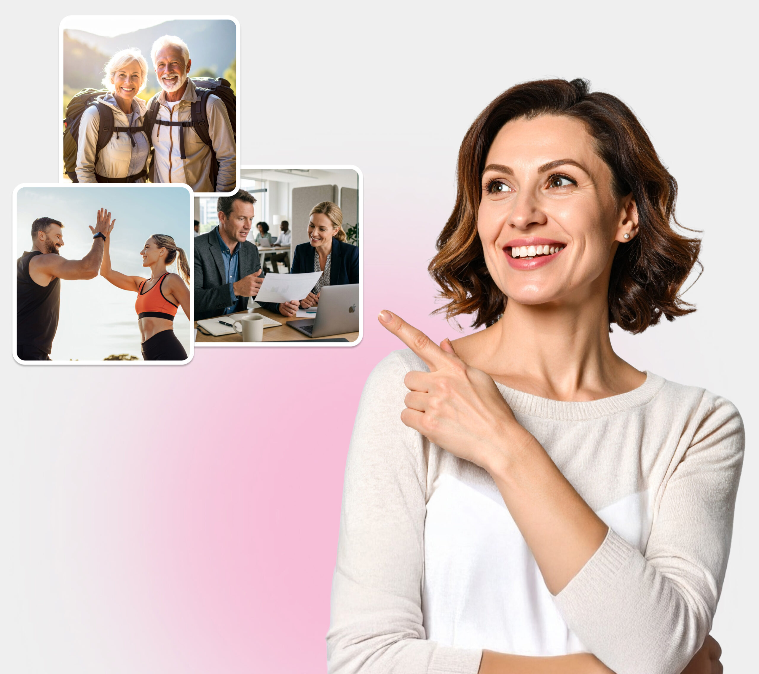 Sympatische, lächelnde Frau 40 Jahre zeigt auf 3 Fotos: Sportliche Leistung steigern,  Leistung im Beruf, Longevity